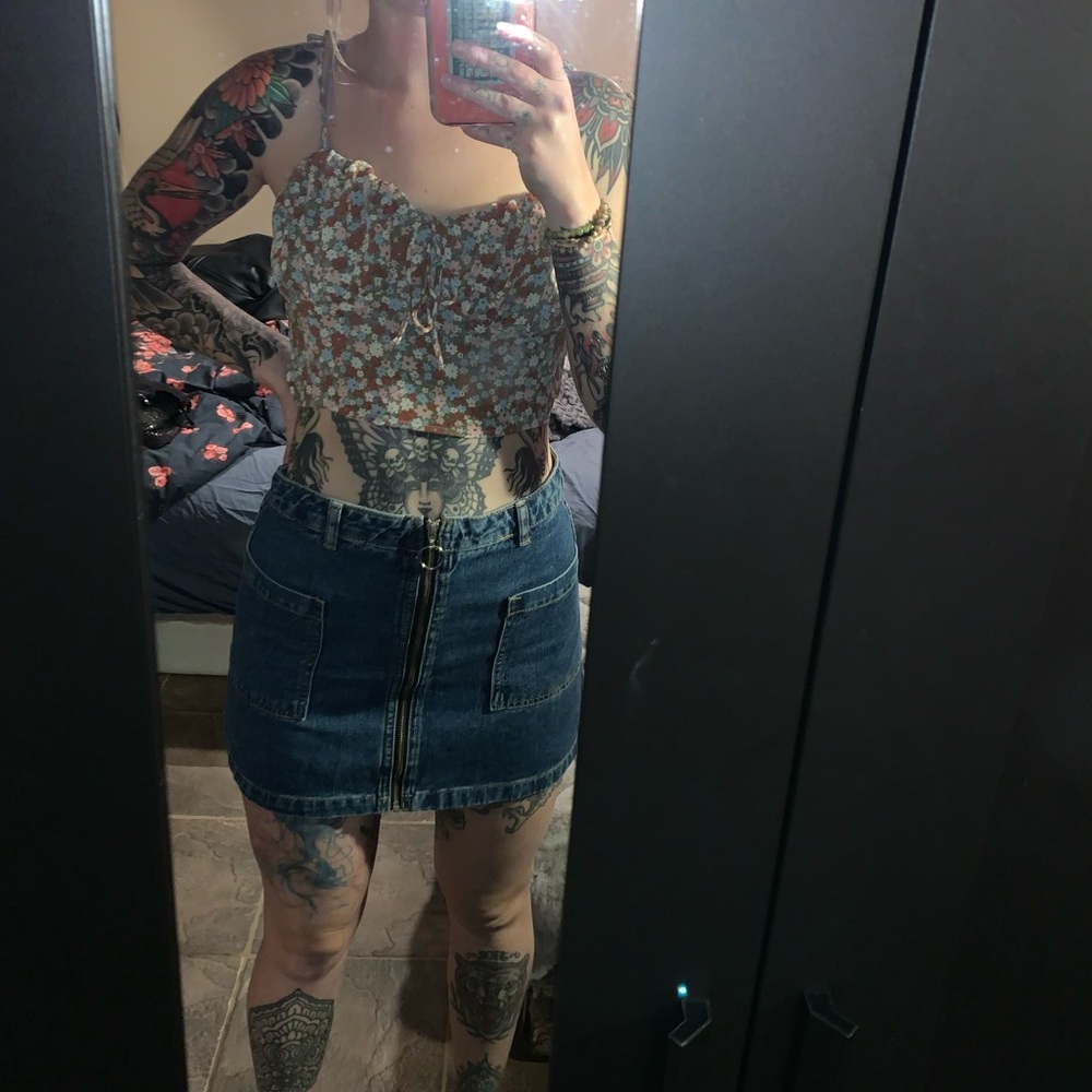 Denim zip up mini skirt
